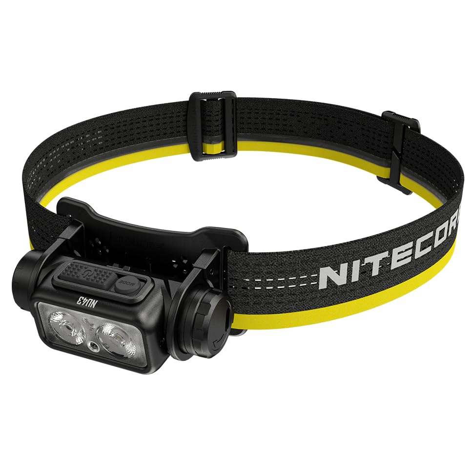 Nitecore NU43 Rechargeable Headlamp, 1400 lumens USB-C Bright Lightweight for Camping, Running, or Working, with Spotlight, Floodlight, Red Light, Including NitecoreS Sticker