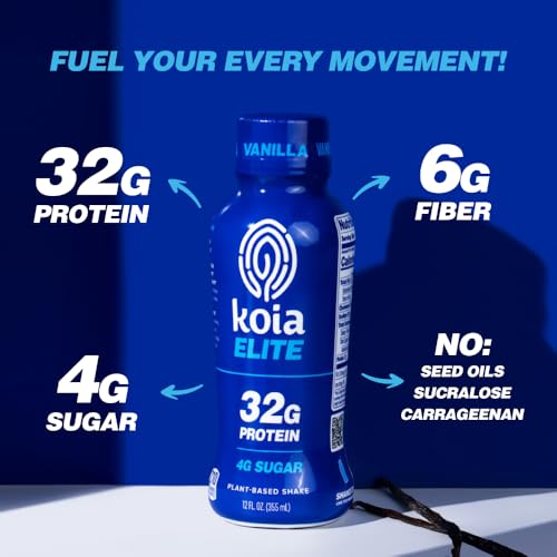 Koia Elite Plant Based Protein Shake, Chocolate, 32g Protein, 4g Sugar, 6g Prebiotic Fiber, Pre & Post Workout Nutritional Drink, No Seed Oils, Dairy-Free, Gluten-Free, Non-GMO, 12 Fl Oz (Pack of 12)
