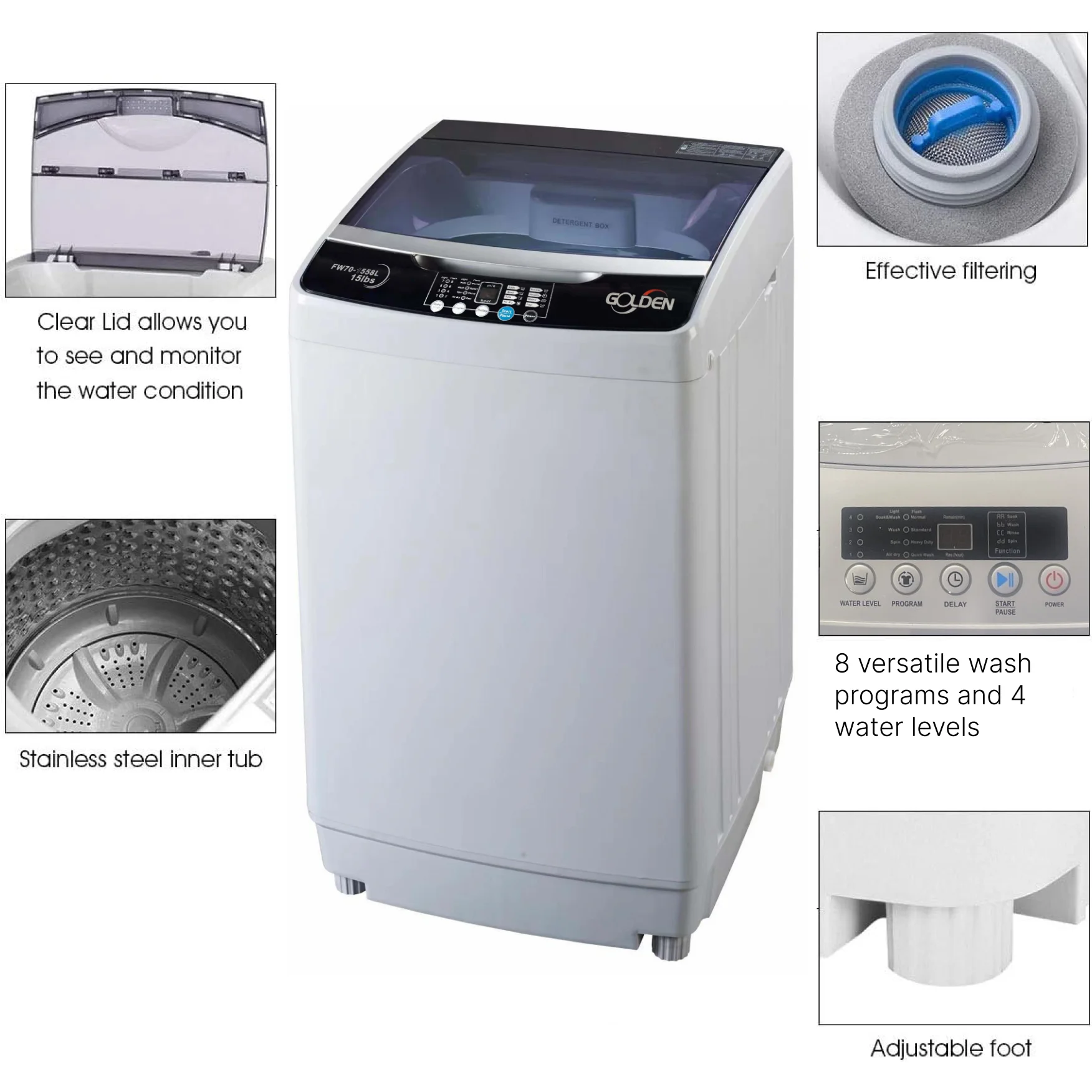 GOLDEN 15.4 LB/1.9 Cu Ft Portable Washer Top load with LED Display and Faucet Adapter, Fully Automatic Washing Machine with Timed Settings, Perfect for Apartments, Dorms, RV