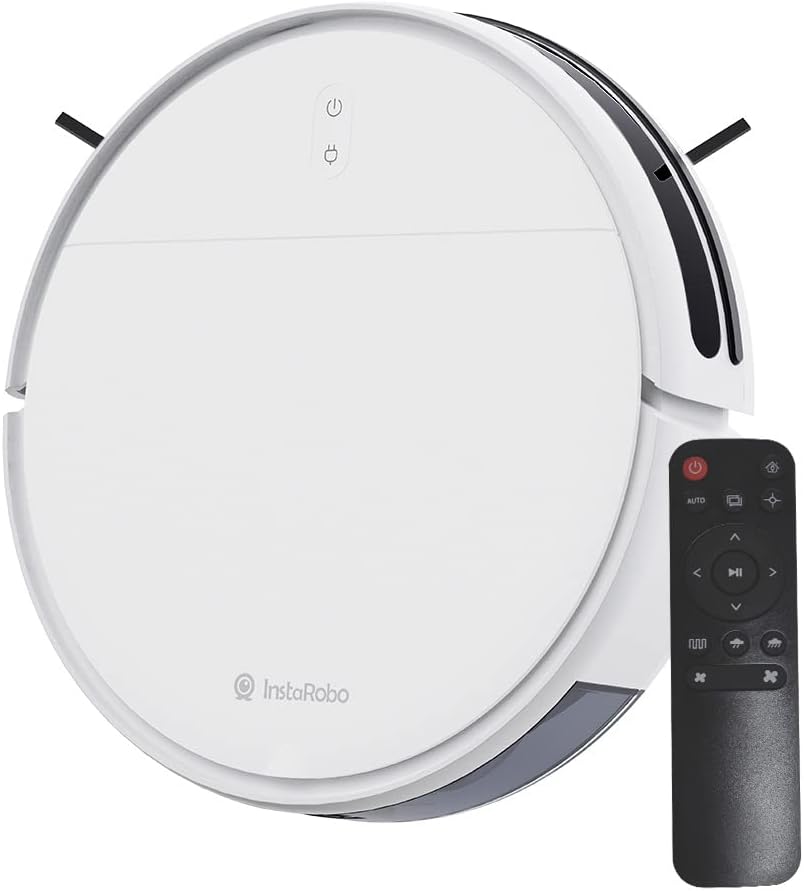 InstaRobo B1 Robot Vacuum Cleaner, 2-in-1 Vacuum and Mop Robot Automatic Self-Charging Robotic Vacuum Sweeping Cleaner, Tangle-Free, Ideal for Pet Hair, Hard Floors and Low Pile Carpets (White)