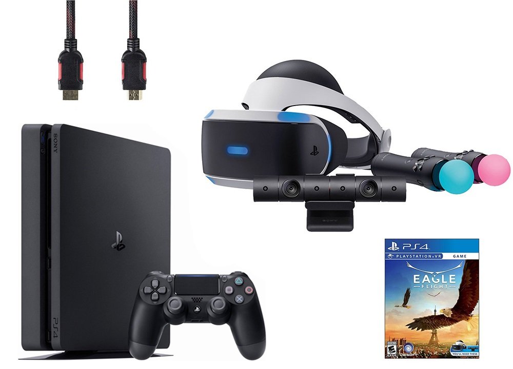 PlayStation VR Start Bundle 5 Items:VR Headset,Move Controller,PlayStation Camera Motion Sensor,Sony PS4 Slim 1TB Console - Jet Black,VR Game Disc Eagle Flight