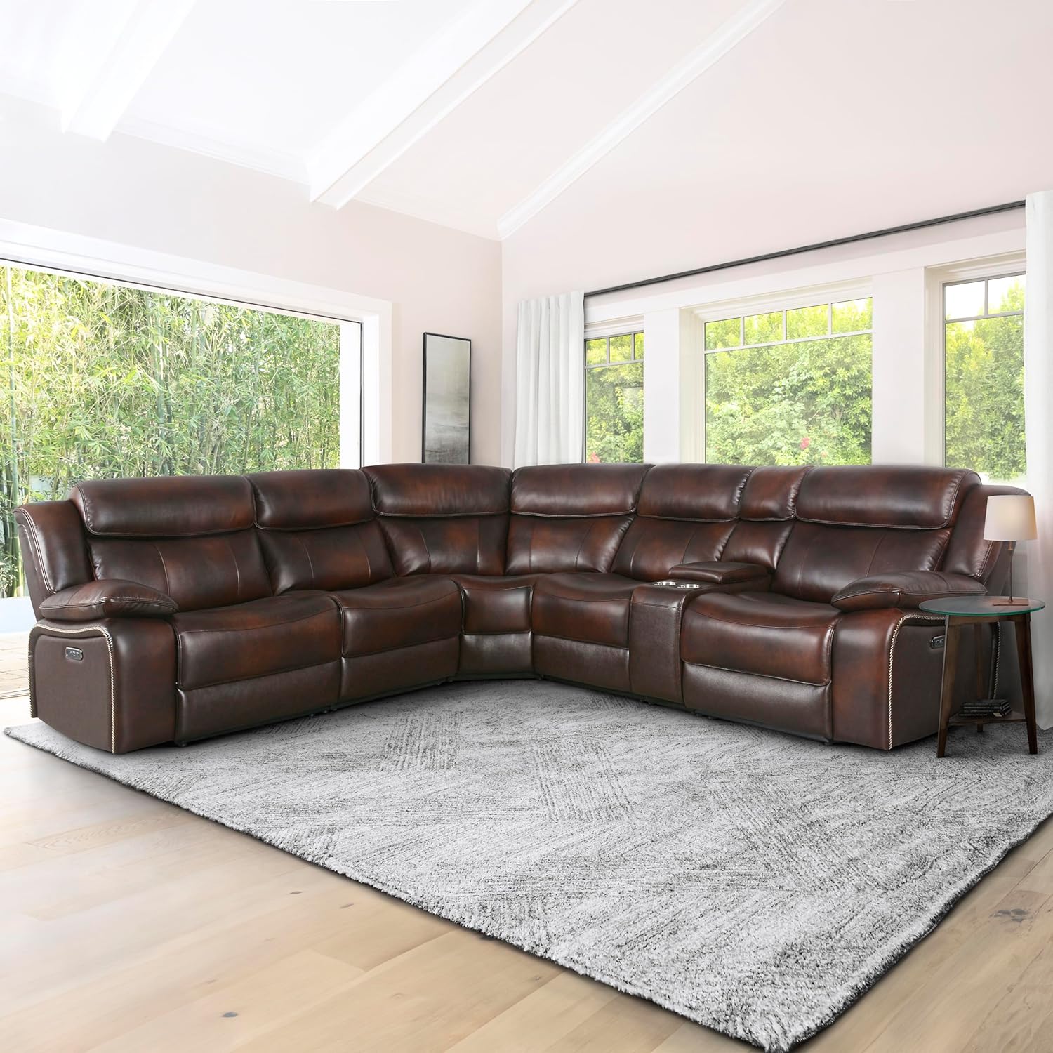 Abbyson Living Vanessa Top Grain Leather 6 Piece Power Reclining Sectional, Brown