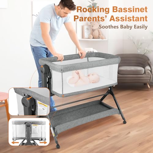3-in-1 Baby Bassinet, Bedside Bassinet Sleeper, Rocking Bassinet with Comfy Mattress&Breathable Mesh, 6-Height Adjustable, Quiet Moveable & Easy-Assembly Grey Crib, 0-5 Months Baby