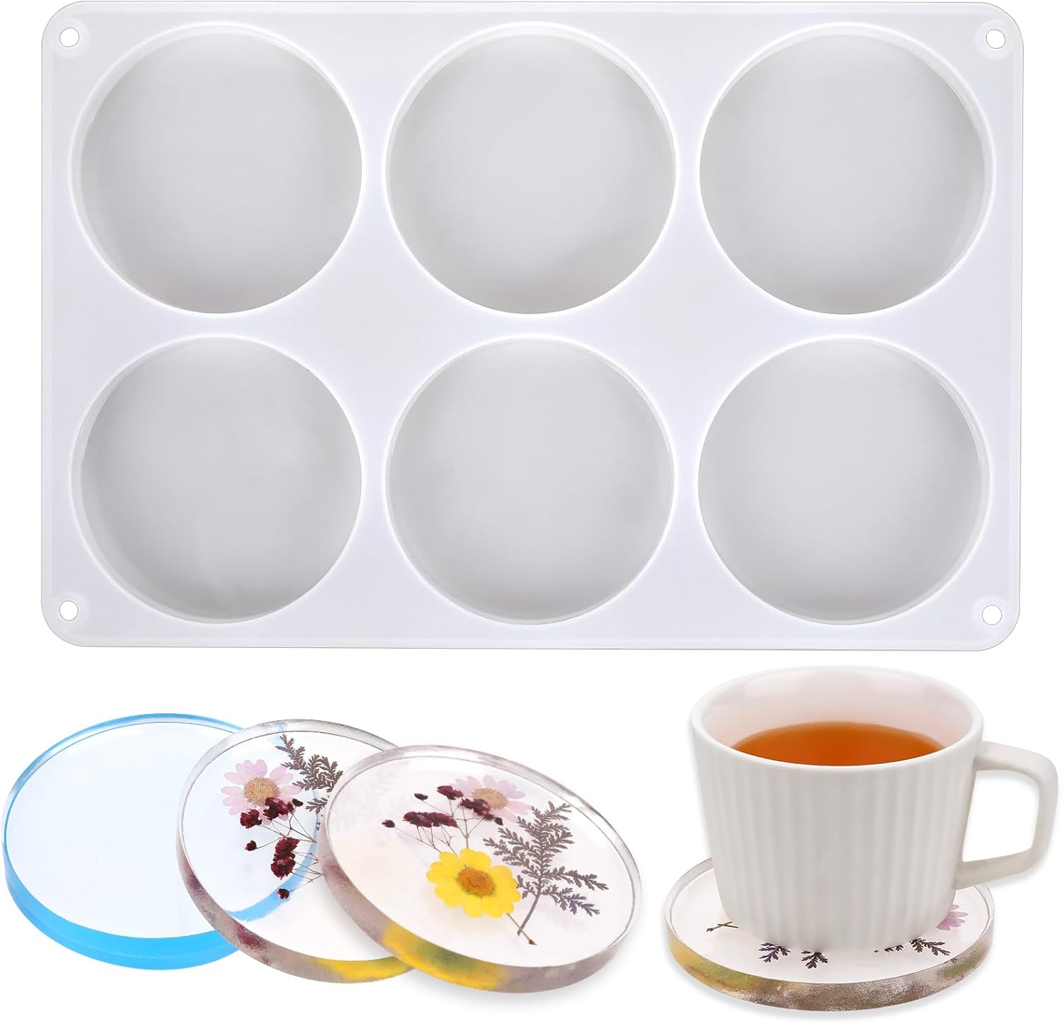 6-Cavity Resin Coaster Molds Round Coaster Silicone Molds for Epoxy Resin, Deep Coaster Resin Molds for Flower Bouquet DIY Art Craft (Round)