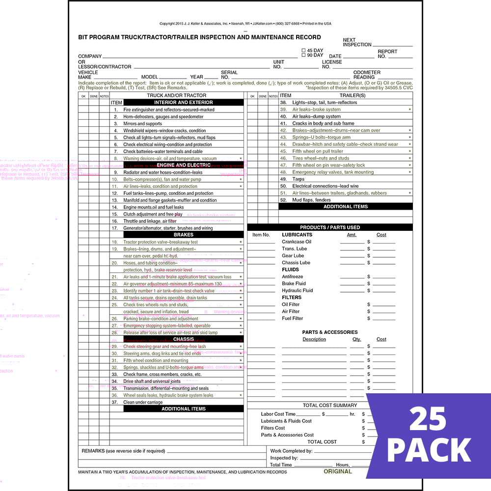 BIT Program Tractor/Trailer/Truck Inspection & Maintenance Record Form 25-pk. - Snap-Out, 3-Ply, Carbon, 8.5