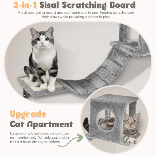 NUNU LAB Wall Mounted Cat Furniture Set - 7 Pcs Climber Set With House, Tunnel, Bridge, Steps, Hammock, Wooden Climbing Wall with Scratching Post - DIY Walls Playground, Indoor Cat Shelves -Light Gray