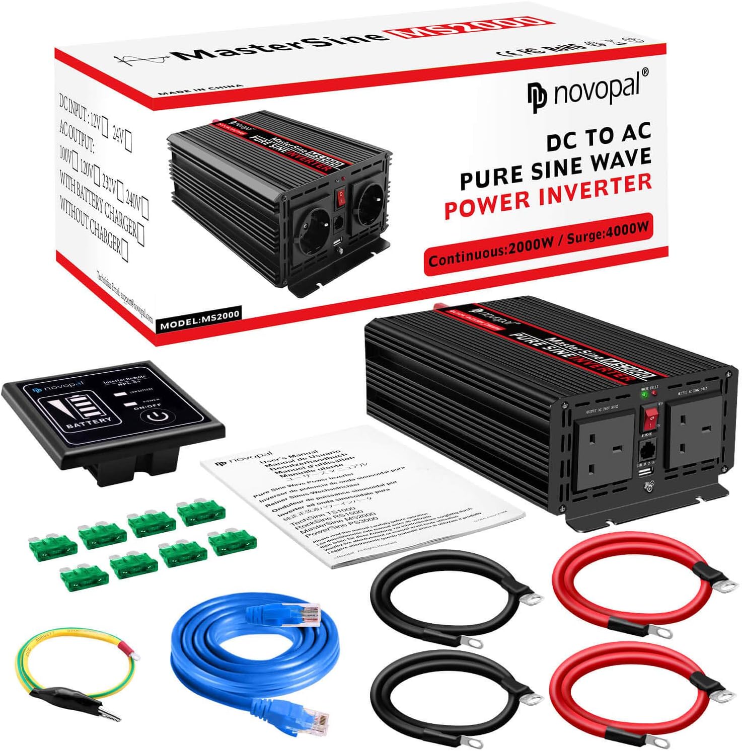 Novopal Power Inverter Pure Sine Wave-2000 Watt / 4000 Watt 24V DC to 110V/120V AC Converter- 4 AC Outlets Car Inverter with16.4 Feet Remote Control