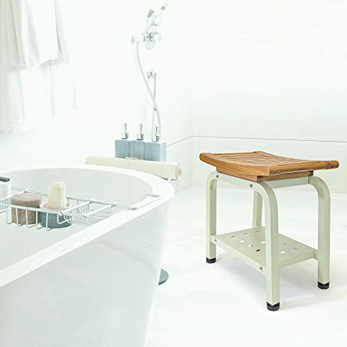 Ritz Shower Bench, Teak & Aluminum Shower/Bath/Spa/Patio Stool Bench, Chair/Side Table with Storage Shelf for Indoor/Outdoor, Adjustable TPR Foot Pads, B104/SGE (Light Sage)