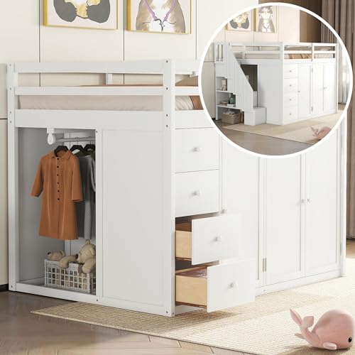 Full Size Loft Bed with Stairs and Wardrobe, Wood Loft Bed Frame with Storage Cabinet, Open Closet and Drawers, Adults Loft Beds with Hanging Rod & Shelves for Kids, Teen, Gray