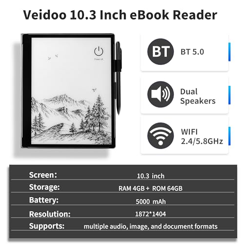 Veidoo 10.3 inch Ebook Reader, Large E-Ink 1872 * 1404 227ppi Touch Screen, 64GB ROM, WiFi, Android E-Reader, Built-in Speaker, Notetaking Digital Epaper E-Ink Tablet with Stylus and Cover(Black)