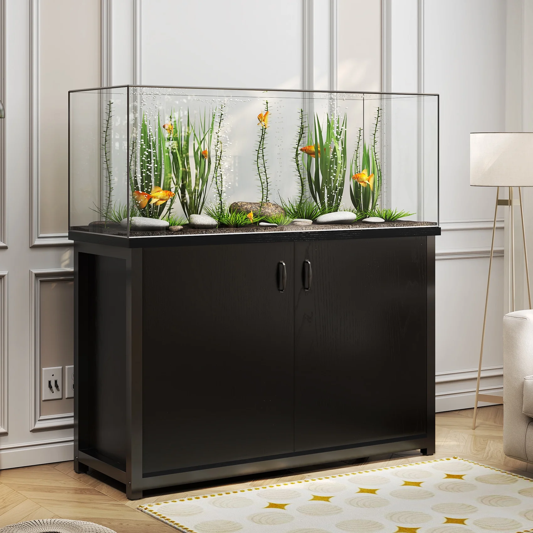 TC-HOMENY 55-75 Gallon Aquarium/Fish Tank Stand with Cabinet and Charging Station/Power Outlets, Black