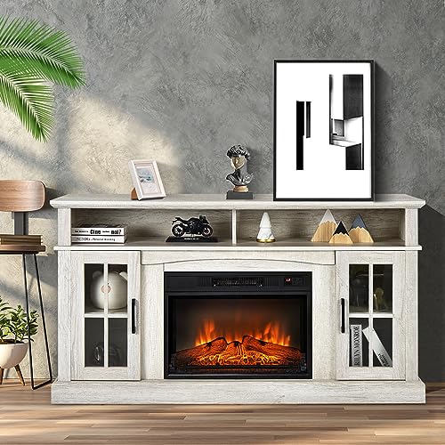 COSTWAY Electric Fireplace TV Stand for TVs Up to 65 Inches, 1400W Heater Insert with Remote Control, 6H Timer, 3-Level Flame, Overheat Protection and CSA Certification, Adjustable Shelves, Grey