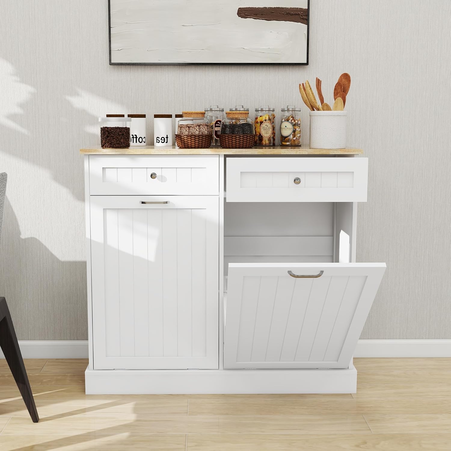 Ucloveria Double Tilt Out Trash Cabinet, Free Standing Garbage Can Cabinet 2 Drawer Tilt-Out Laundry Sorter Cabinet, Hidden Trash Can Holder Recycling Cabinet with Wood Tabletop for Kitchen
