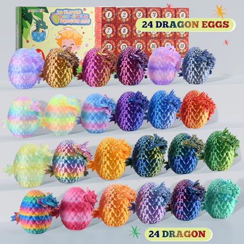 Advent Calendar 2025,24PCS 3D Printed Dragon Eggs with Dragon Inside,Movable Dragon Realistic Slithering Design,3D Printed Dragon,3D Animals Collectibles for Adults and Kids (24PCS-Multicolor)