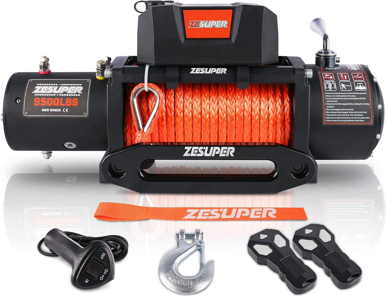 ZESUPER 9500 lbs Electric Winch Kit Waterproof IP67 Electric Winch with Hawse Fairlead, with Both Wireless Handheld Remote and Corded Control Recovery (9500-Rope)