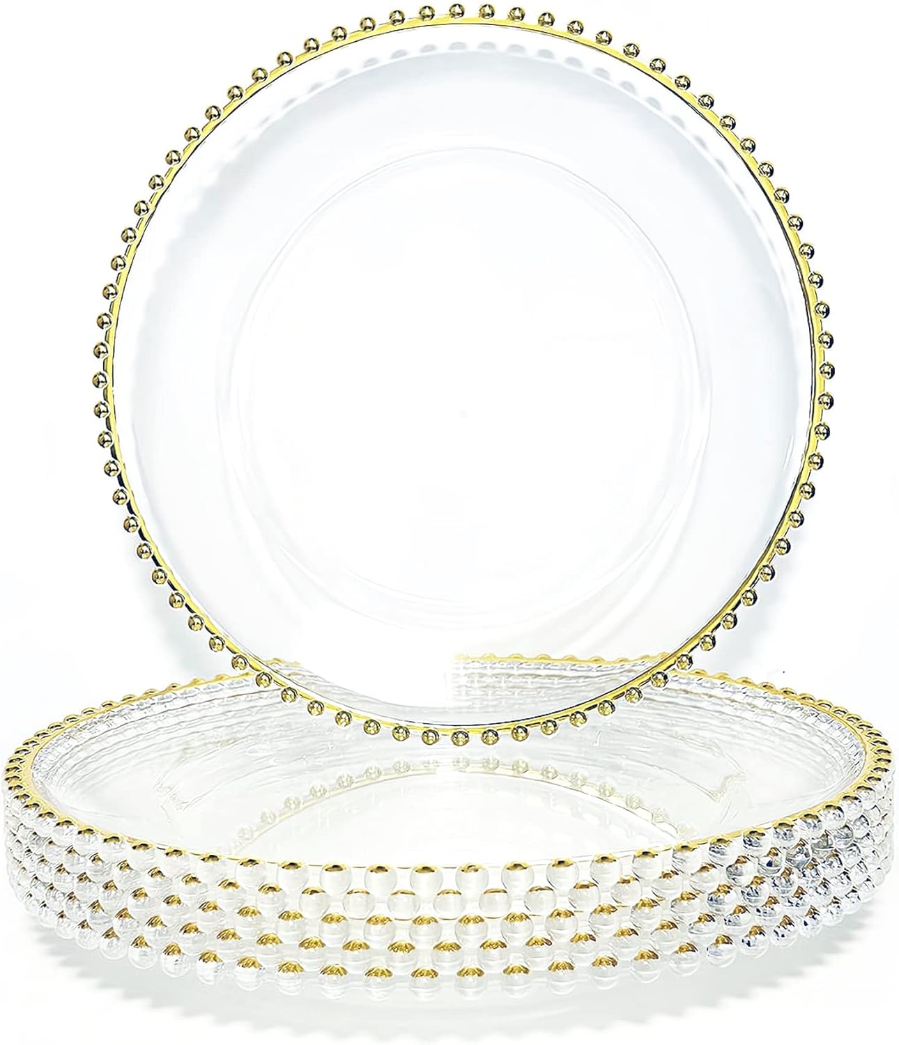 Cheardia 6 Pcs Clear Charger Plates with Gold Bead, 13 Inch Acrylic Chargers for Dinner Plates Round Plastic Decorative Dinner Plates for Table Setting Events, Party, Wedding