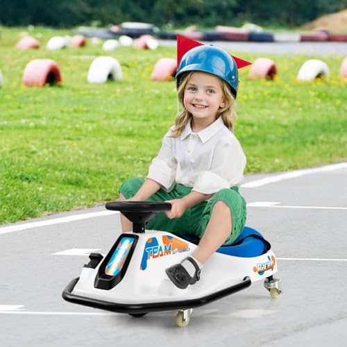 Costzon Electric Drifting Go Kart for Kids, 24V Kids Ride On Drift Car w/360° Spin, Wireless Connection & USB, Radio & Music, Slow Start, 3 Flags Included, Racing Car for Toddlers Aged 3+ Years Old