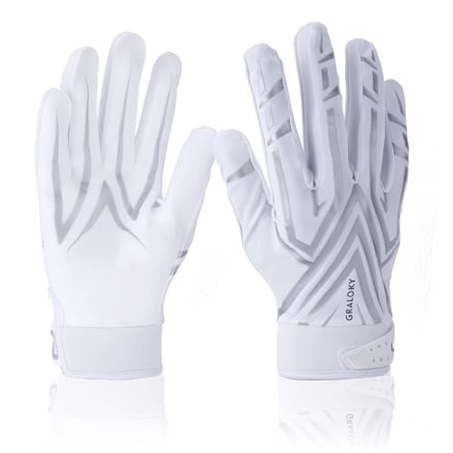 Football Gloves Men Women Boys, Youth Adult Football Receiver Gloves, Ultra Sticky Silicone Palm Tacky Grip Football Gloves, Enhanced Performance White Football Gloves
