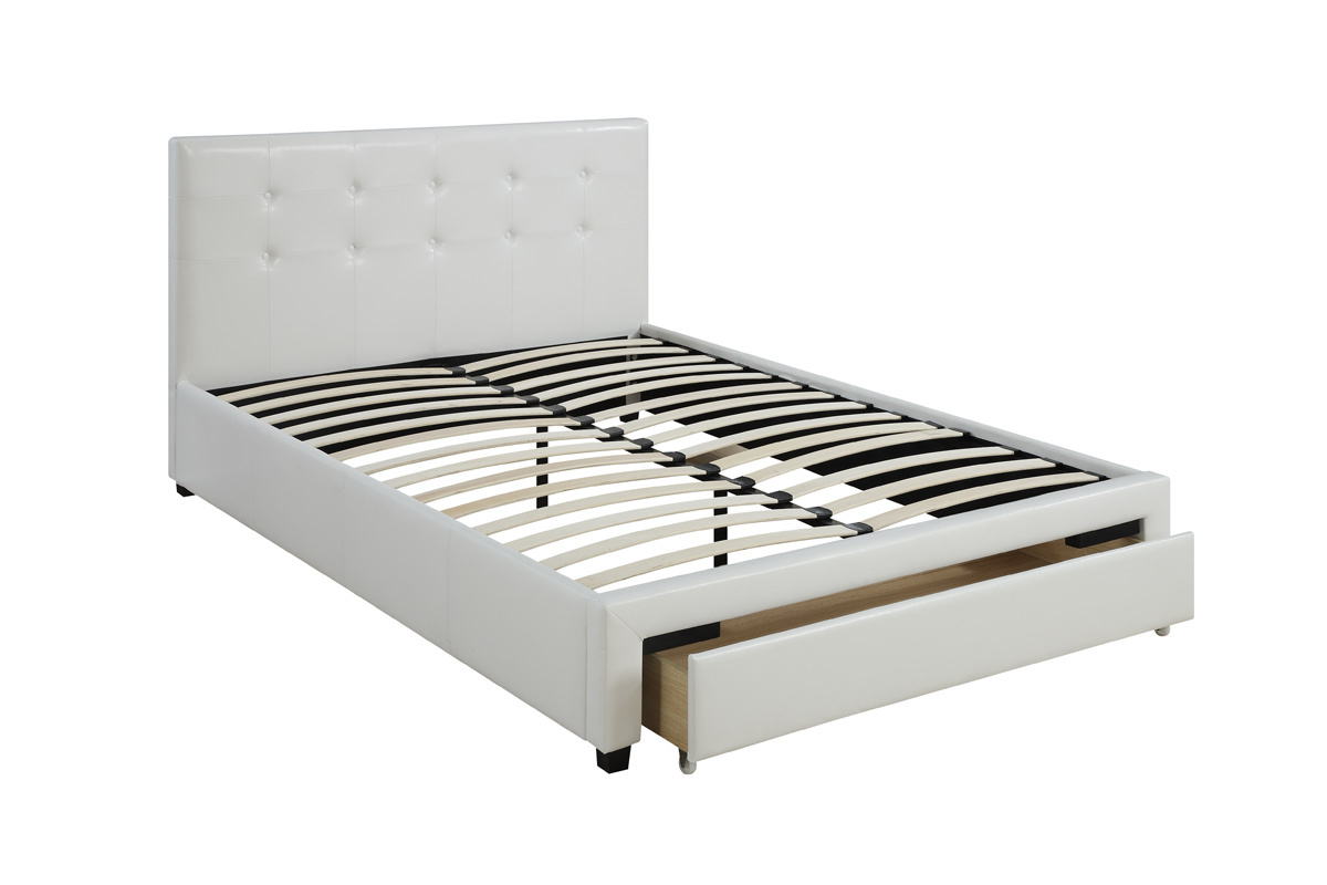 Modern Classic White Full Size Bed Underbed Storage Darwers Wooden Tufted Upholstered Faux Leather 1pc Bedframe Bedroom
