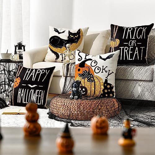 AVOIN colorlife Happy Halloween Boo Black Cat Trick or Treat Throw Pillow Covers, 16 x 16 Inch Spooky Pumpkin Bat Cushion Case for Sofa Couch Set of 4