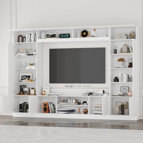 Glossy Entertainment Center with Storage, 94.5”W Wall Unit TV Stand with Bookshelves & Adjustable Shelves, Modern Media Center Cabinet with Bridge, for Living Room Bedroom, Black