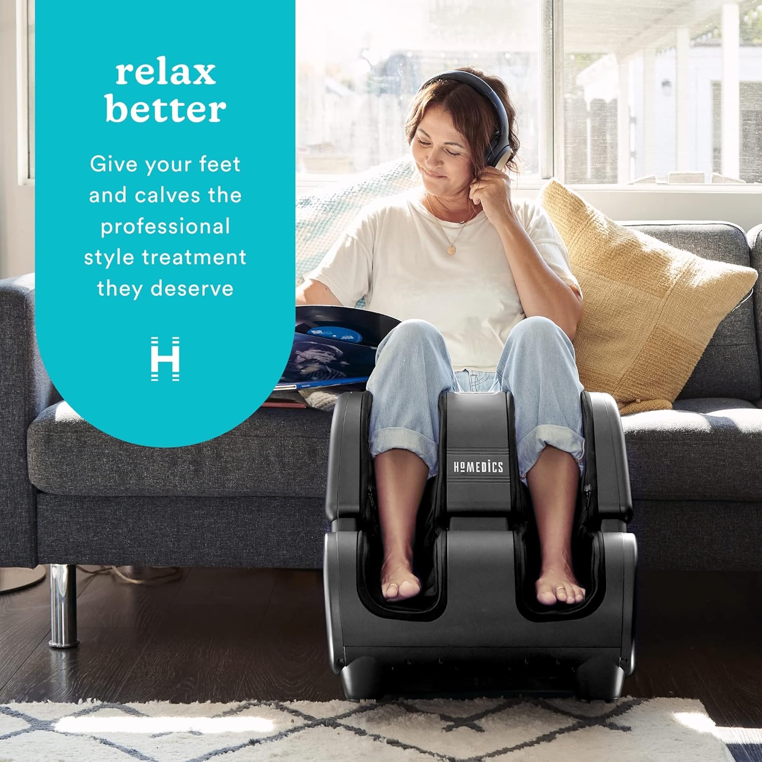 Homedics Therapist Select Foot and Calf Massager Rolling Massage, 4 Programs, 3 Intensities, Adjustable Tilt for Comfort & Washable Liners, Black FMS-400