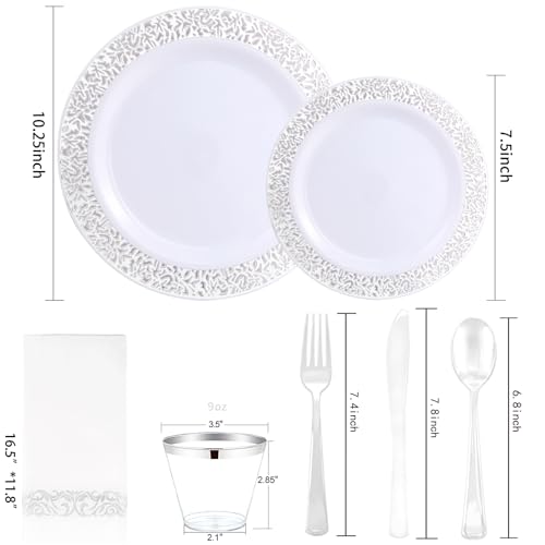 WELLIFE 350pcs Silver Party Dinnerware Set for 50 Guests, Silver Wedding Plates Disposable Heavy Duty, Including :50 Dinner Plates, 50 Dessert Plates, 50 Cups, 50 Napkins, 50 Sliver Silverware Set