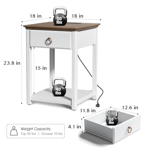 End Table with Charging Station,Farmhouse Nightstand with Storage,Square Side Table with Drawer,White End Tables Living Room,Bedroom,Solid Wood Bedside Table,Modern Sofa Side Table,White