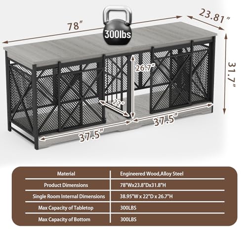 COZPAW 78 Inch Double Dog Crate Furniture, Extra Large Dog Kennel Indoor for Medium Large 2 Dogs, Heavy Duty Dog Cage Chew-Resistant Steel and Wooden Pet House with Removable Divider (Grey)