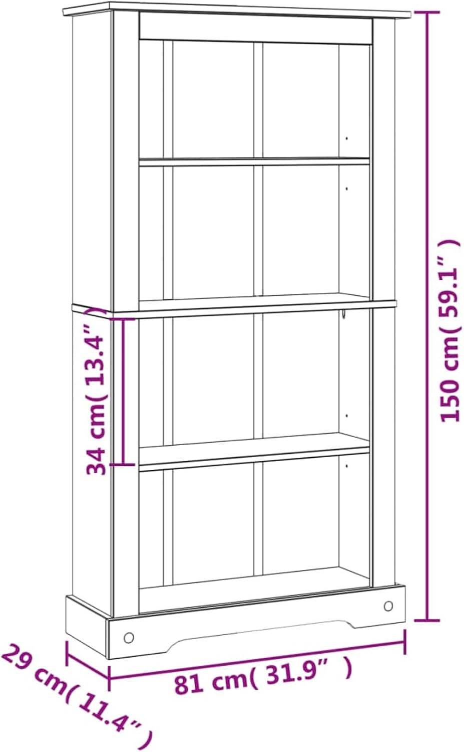 4-Tier Bookcase Office Furniture Bookshelf for Bedroom Bookshelve Office Bookcase Mexican Pine Corona 31.9