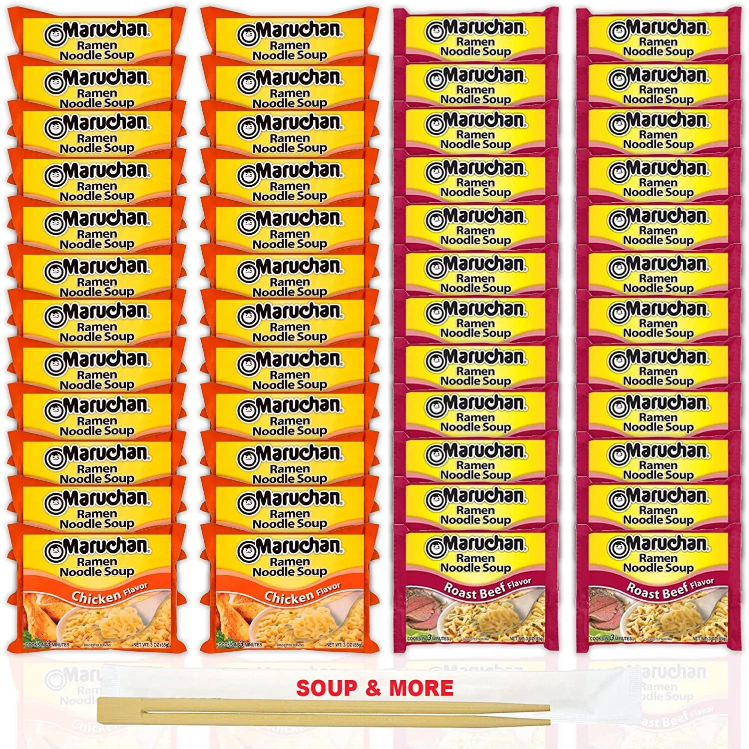 Maruchan Ramen Instant Noodle Soup Variety, 2 Flavors - 24 Packs Chicken & 24 Packs Roast Beef , 3 Ounce Single Servings Lunch / Dinner Variety