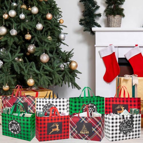 24 Pack Christmas Gift Bags Assorted Sizes with Handle, Reusable Tote Gift Bags Includes 4 Extra Large, 8 Large, 8 Medium, 4 Small, Non-Woven Christmas Bags for Gifts Xmas Party Holiday Favors