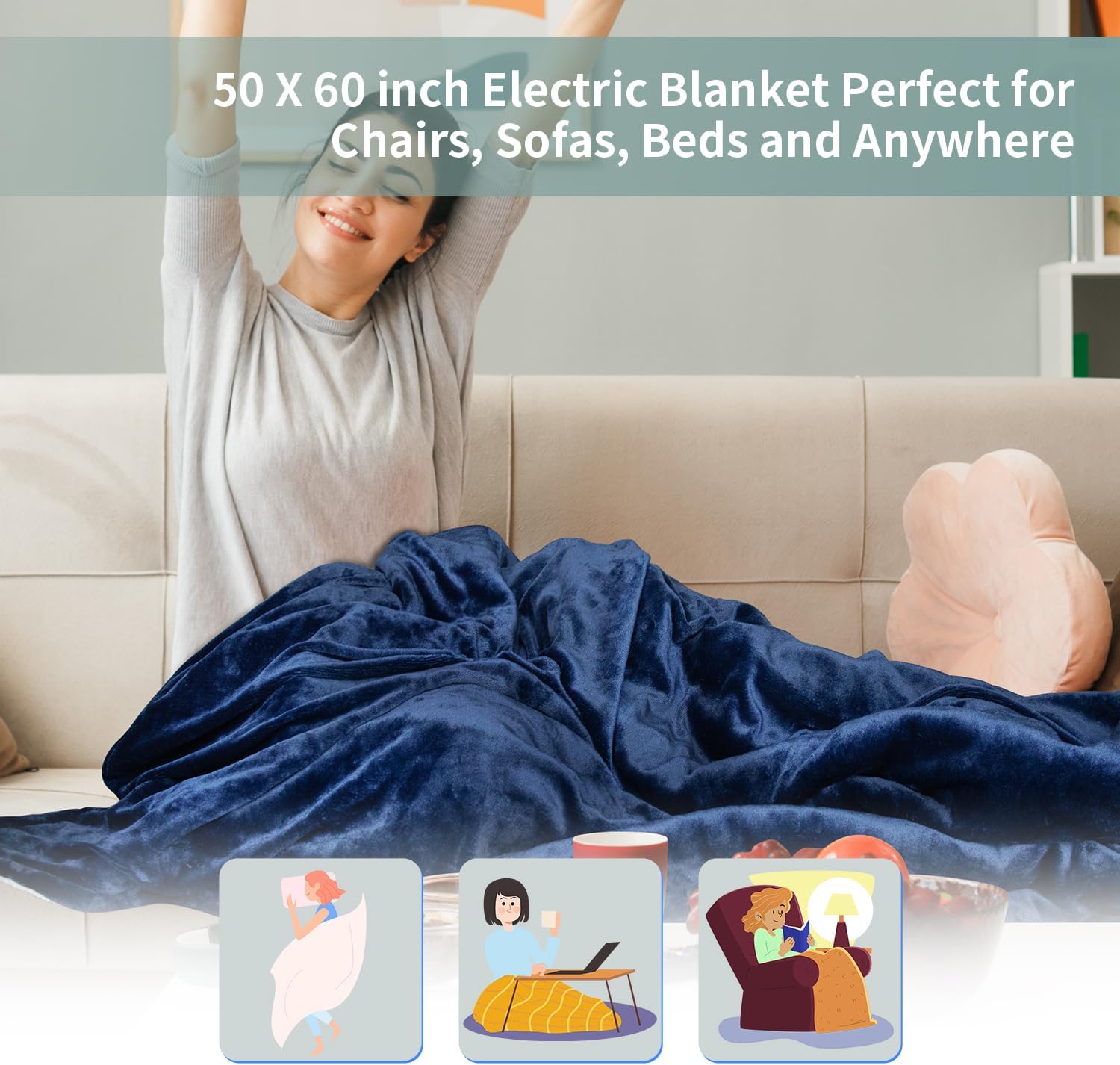 LP Electric Heated Blanket, Machine Washable Heating Blankets Throw, 50” x 60” Extremely Cozy-Warm Flannel Fast Heating with Hand Controller, 10 Heating Level Overheating Protection 8H Timer Blue