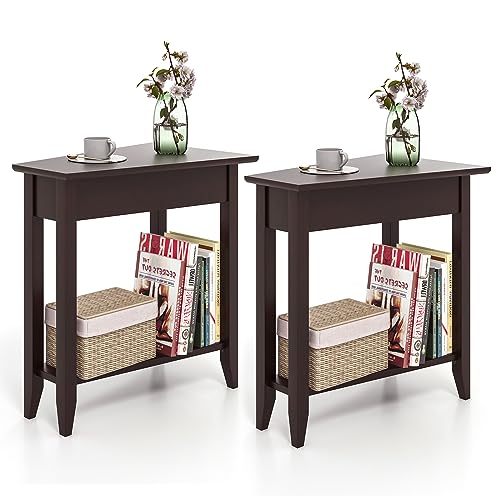 GOFLAME 2-Tier Wedge End Table Set of 2, Narrow Triangle Side Table with Storage Shelf, Solid Wood Legs, Nightstand, Recliner Wedge Table for Living Room, Bedroom, Small Space, White