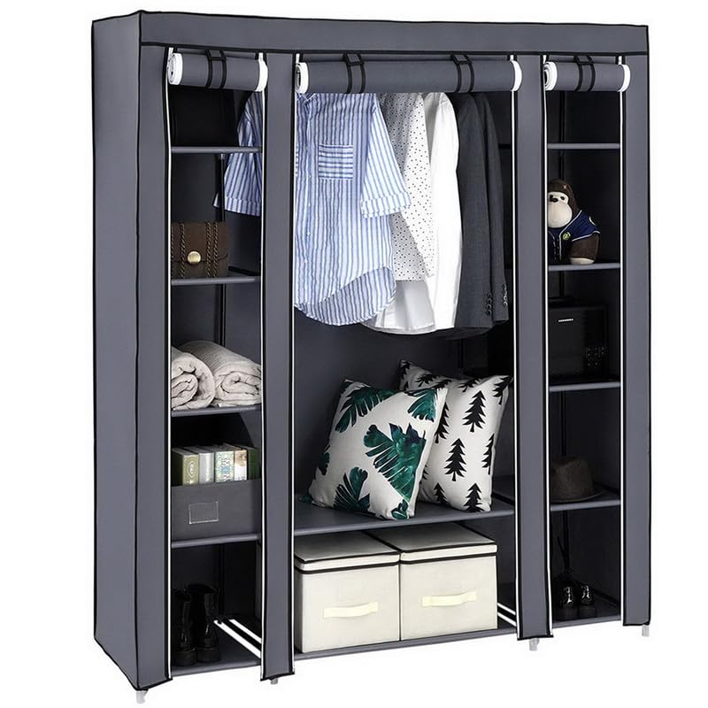 Closet Wardrobe Portable Closet for Bedroom,Clothes Rail with Non-Woven Fabric Cover,Movable Clothes Hanging Rod & 12 Storage Shelves,Closet Organizers and Storage Armoire for Clothes Room,Dark Brown