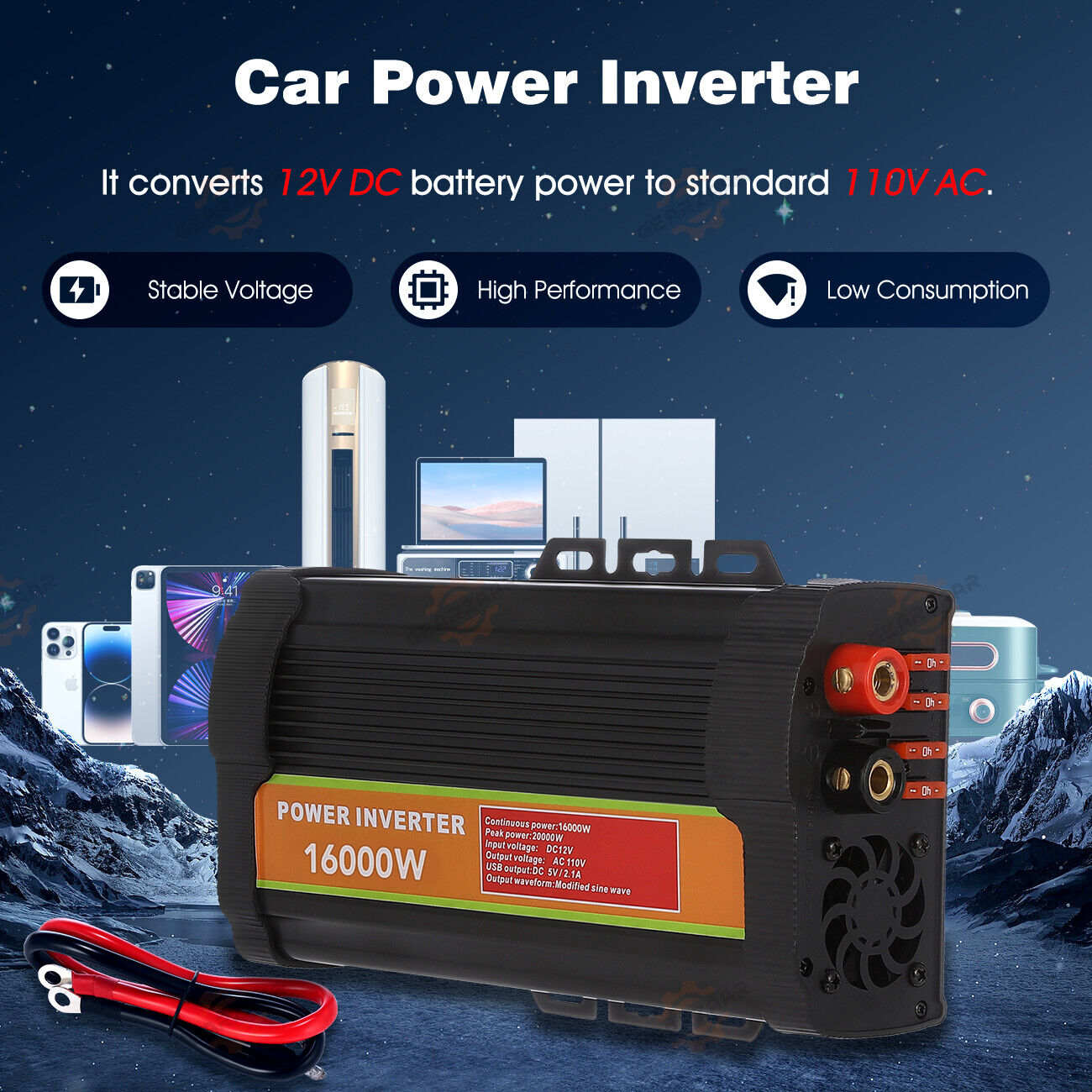 16000W(Peak) Car Power Inverter DC 12V to AC 110/120V Pure Sine Wave Converter