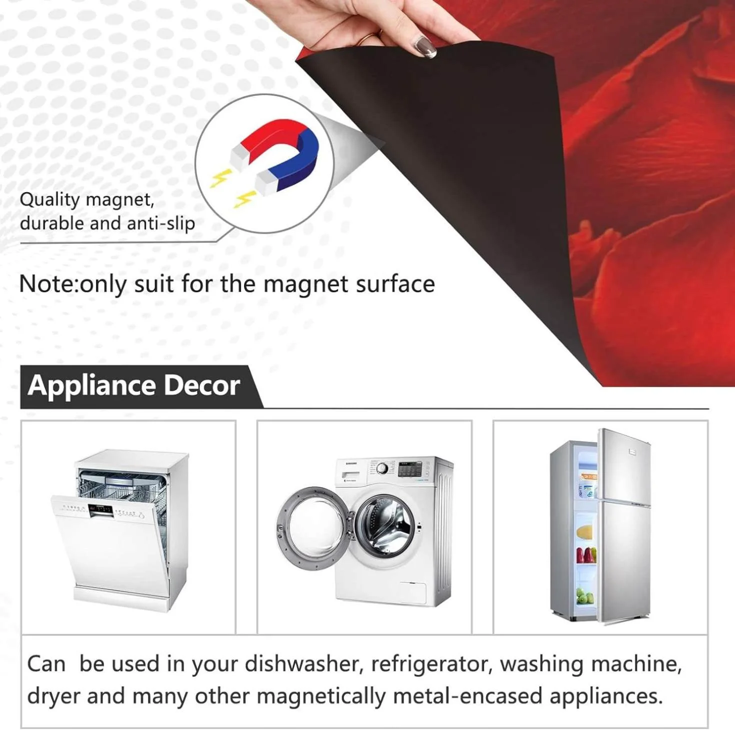 Hyjoy Red Rose Dishwasher Magnet Cover,Reusable Fridge Panel Decal with Magnetic Stickers for Kitchen Appliance Home Decor,23 x 26 Inch