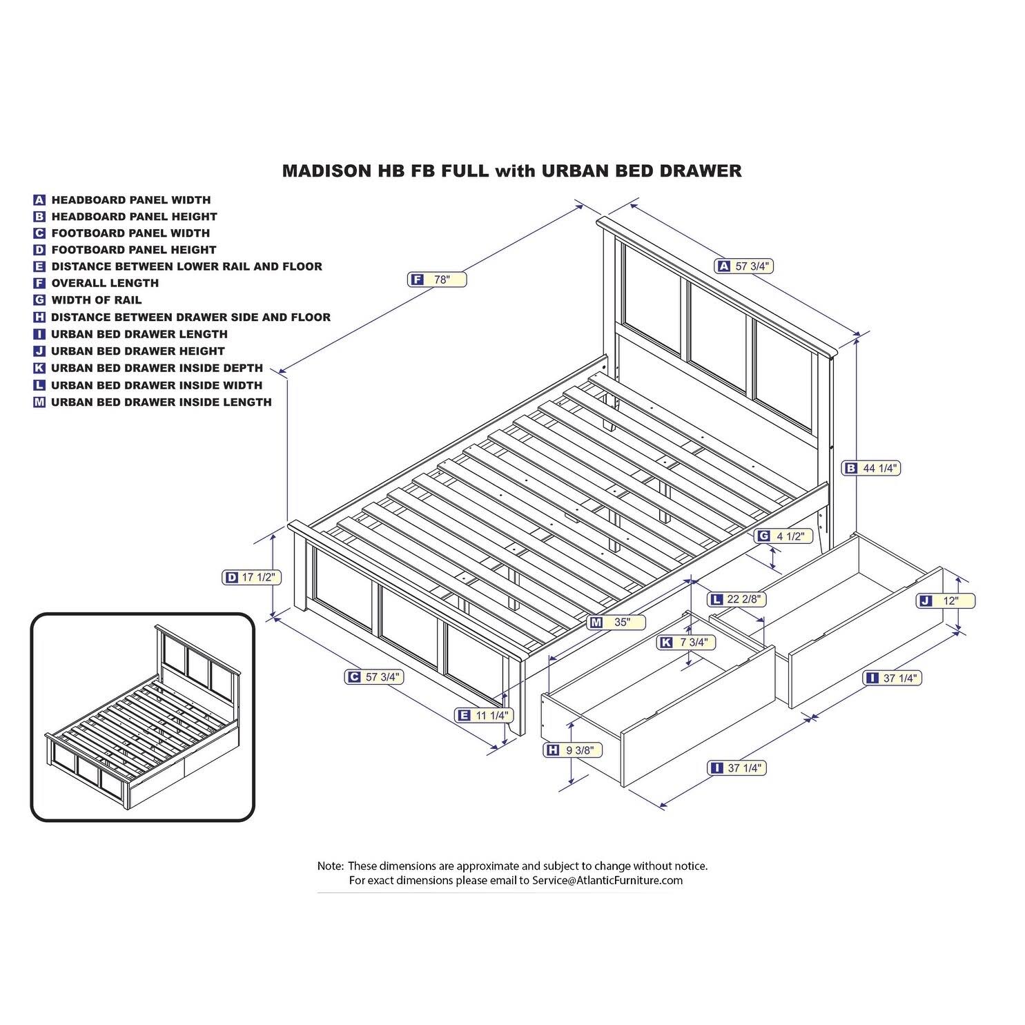 Atlantic Furniture Madison Caramel Full Bed with Matching Foot Board and 2 Urban Drawers