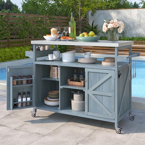 Outdoor Kitchen Island,Rolling Bar Cart & Storage Cabinet,Solid Wood Grill Table with Stainless Steel Top and Internal Storage Racks,for Patio Kitchen & Barbecue (Natural@Grill Table)