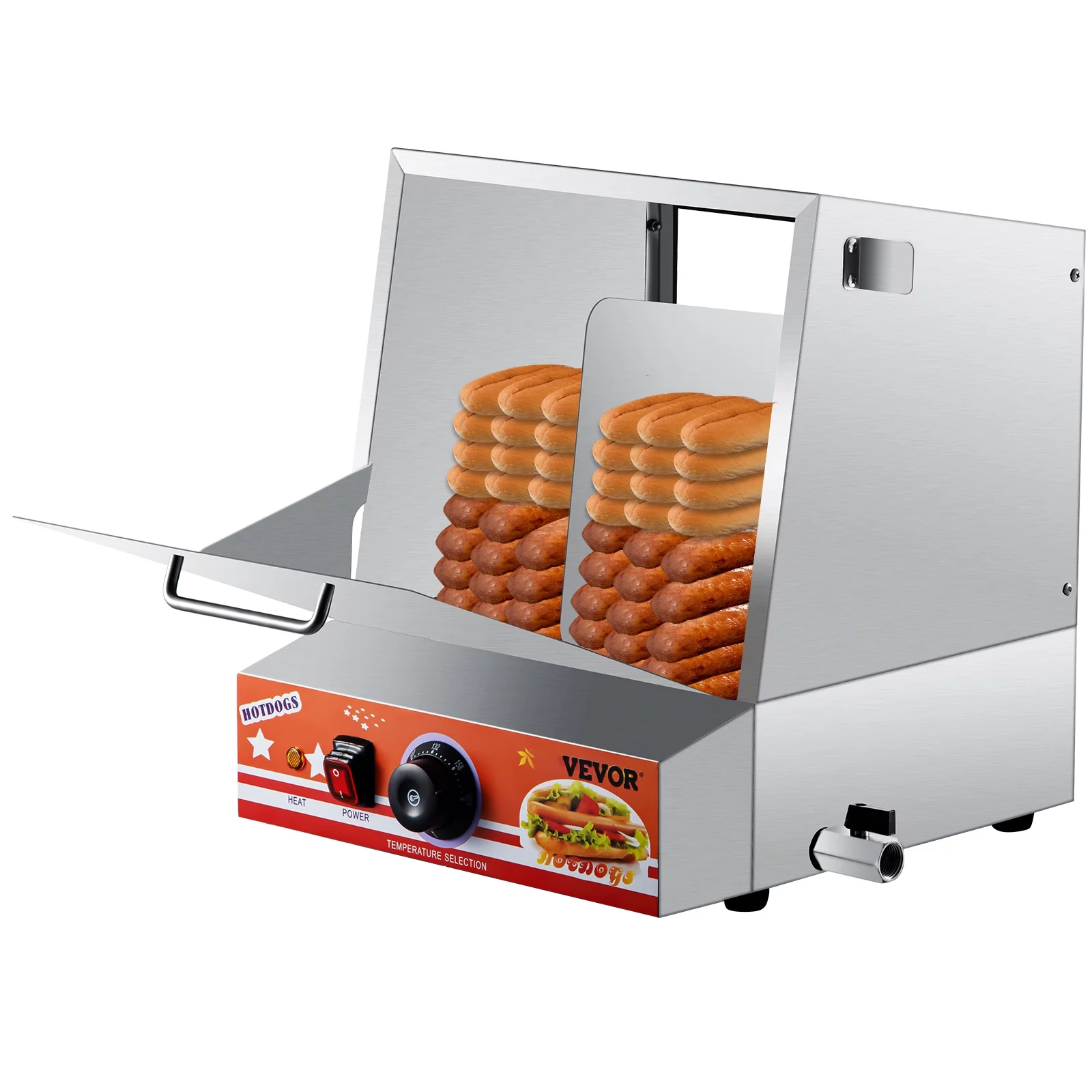 VEVOR Hot Dog Steamer, 36L/32.69Qt, Classic Hut Steamer for 96 Hot Dogs & 30 Buns, Electric Bun Warmer Cooker with Drop Down Door Acrylic Window Partition Plate Food Clip PTFE Tape, Stainless Steel