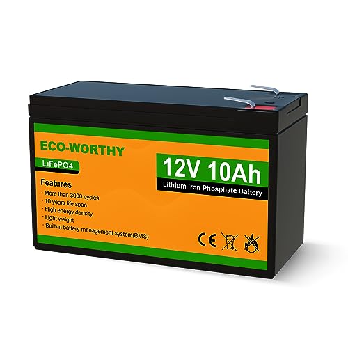 ECO-WORTHY 12V 10Ah Lithium LiFePO4 Deep Cycle Battery with 3000+ Cycles, Built-in BMS, Perfect for Fishfinder, Lighting, Power Wheels, Lawn Mower, Cyberpower UPS, Back Up Power