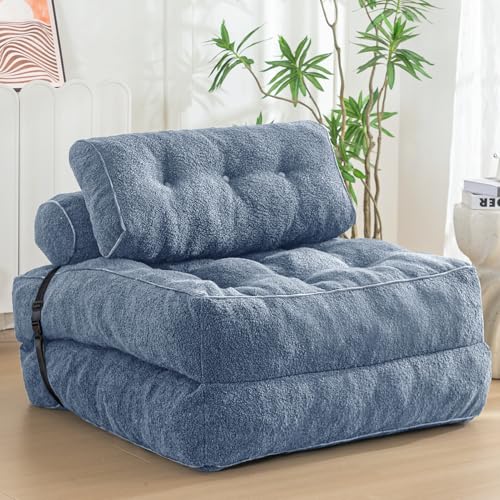MAXYOYO Folding Sofa Bed, Convertible Sleeper Chair with Pillow Foldable Mattress with Back Support, Portable Fold Out Sofa Couch Fuzzy Fabric Comfy Floor Sofa Lounge for Living Room Apartment, Beige