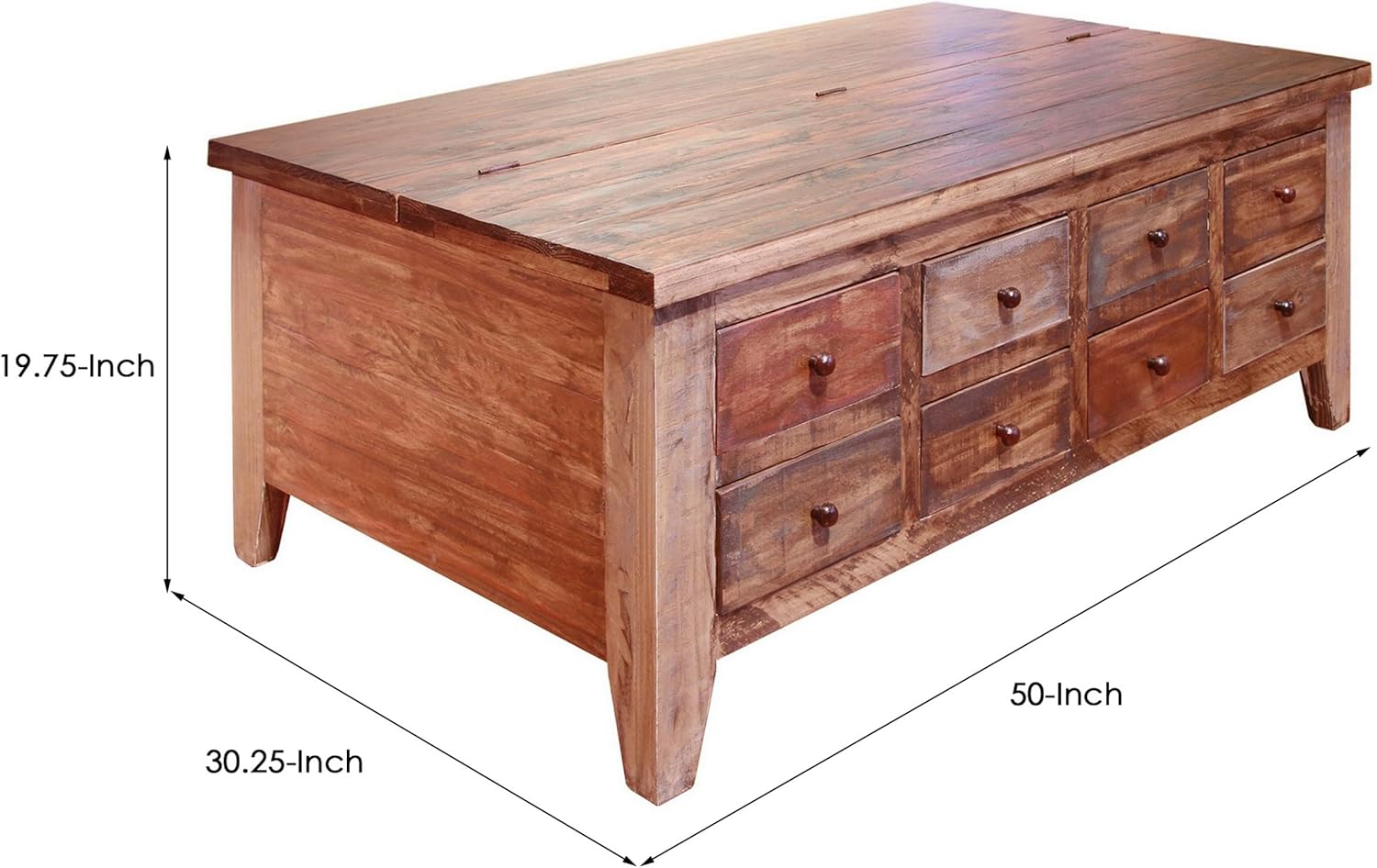 Benjara Fena 50 Inch 8 Drawer Coffee Table, Lift Top, Distress Pine Wood, Brown and Multicolor