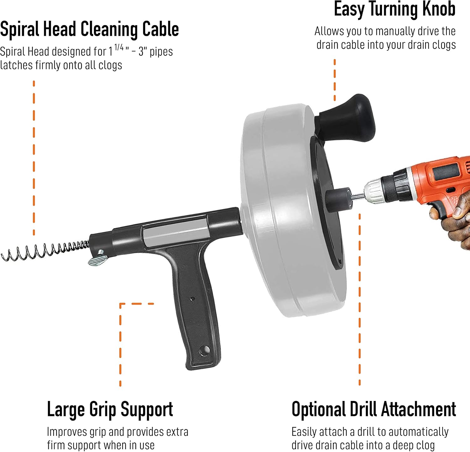 DrainX 50-FT Steel Power Pro Drum Auger Plumbing Snake with Drill Attachment | Use Manually or Powered | Heavy Duty Cable with Work Gloves and Storage Bag Included
