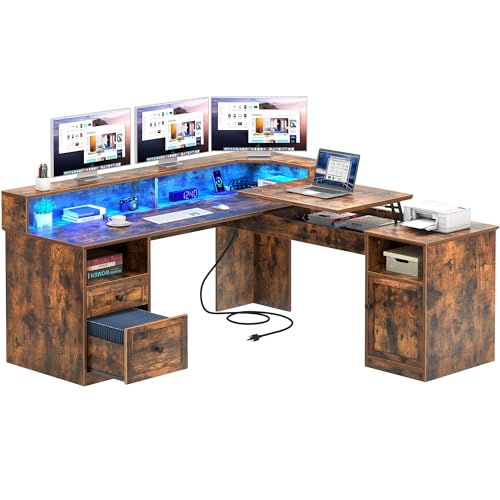 YITAHOME L Shaped Desk with Power Outlets & LED Lights, 60” Computer Desk with Drawers & Lift Top, Home Office Desk with Monitor Stand, Height Adjustable Desk with File Cabinet, Grey