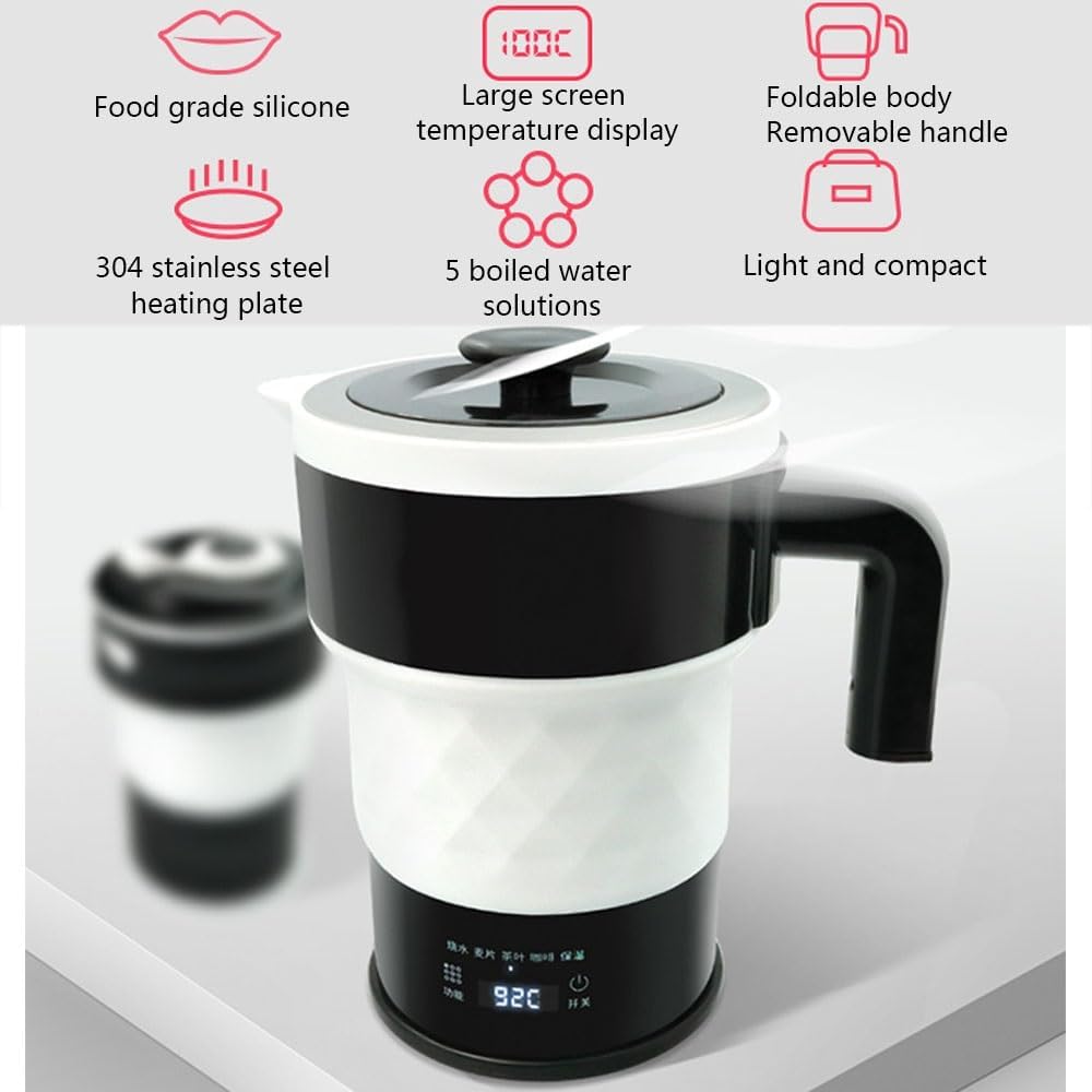 Travel Foldable Electric Kettle Portable Silicone Collapsible Kettle with LED Digital Display Food Grade Silicone BPA Free Boil Dry Protection for Fast Heating Hot Water, Coffee and Tea 0.6L