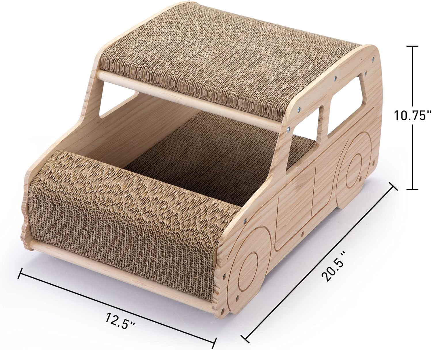 2-in-1 Wood Corrugated Cat Scratcher - Reversible Car-Shaped Cat House and Scratch Furniture Protector, Natural Pine Board, Durable Cardboard, Easy Assembly, Supports up to 33 lbs
