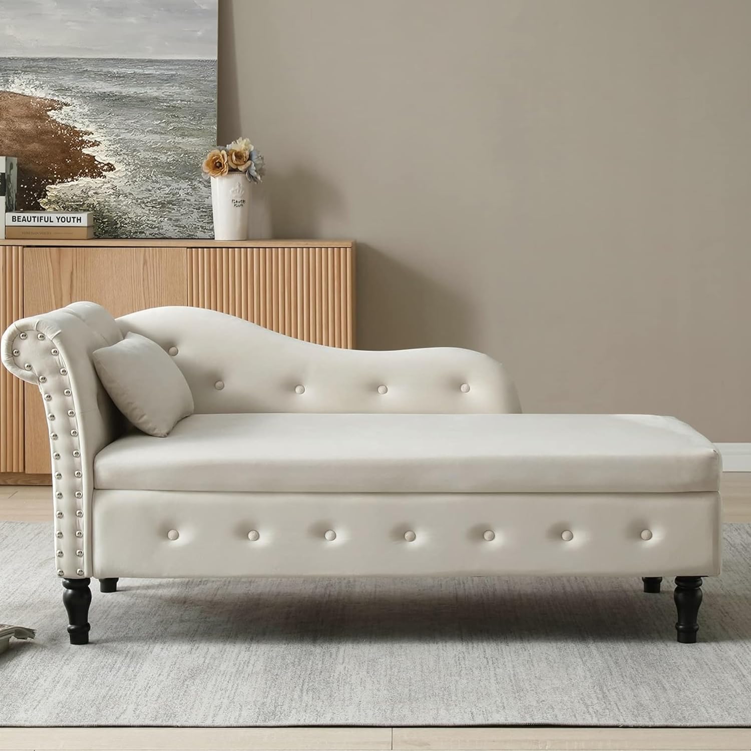 Velvet Chaise Lounge Chair With Storage, Upholstered Sleeper Sofa Chair Bed With 1 Pillow, Buttons Tufted Multifunctional Lounge Chair Indoor, For Living Room Bedroom Office, Beige