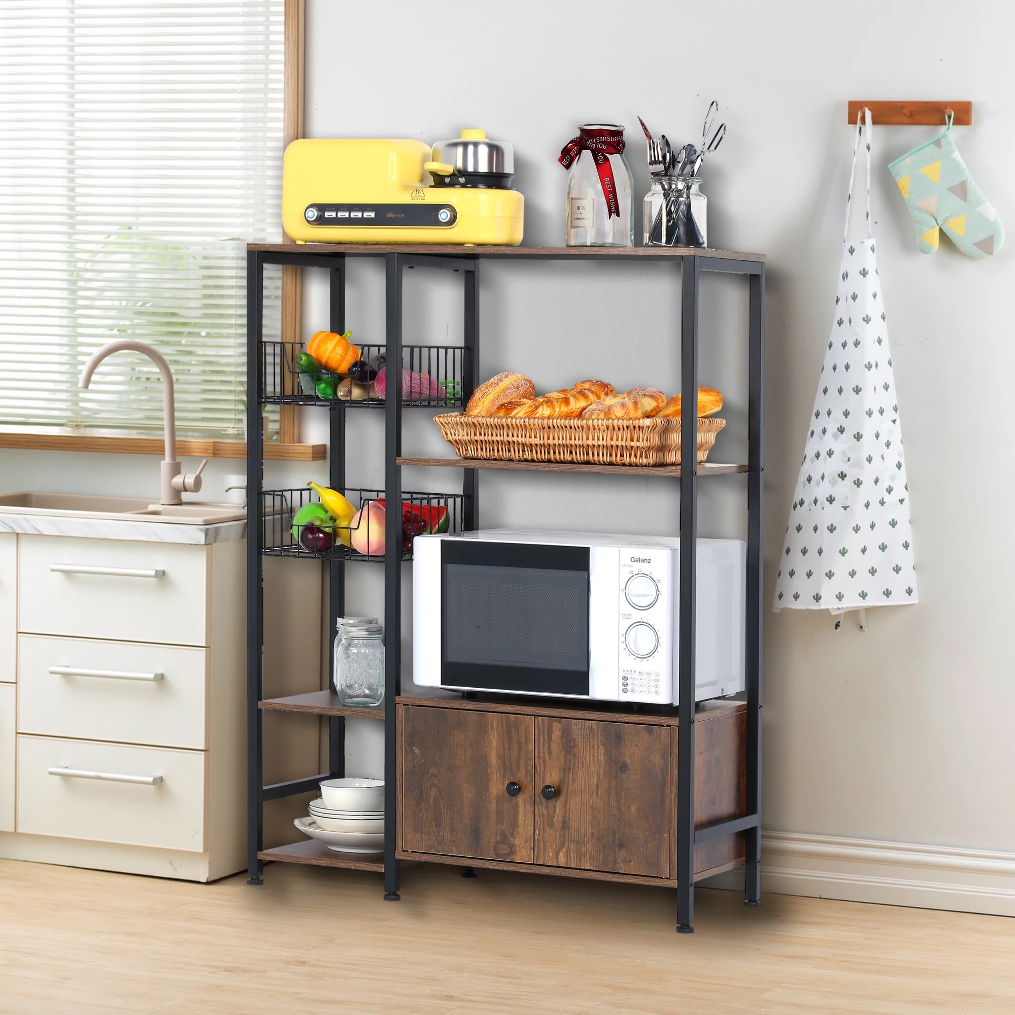 NAIYUFA 5-Tier Kitchen Bakers Rack,Microwave Oven Stand Wood Brown Shelf with Cabinet