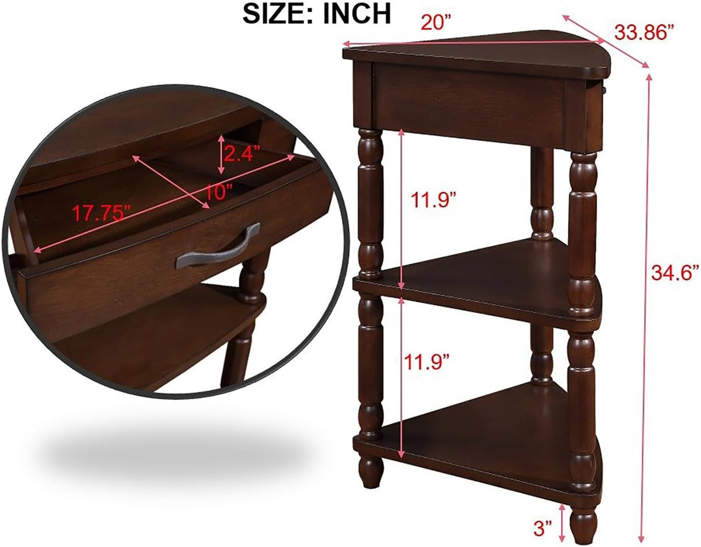 Classical Triangle Corner Table, Wood Corner Side Table with 1 Storage Drawer, 3 Tier End Corner Table with Solid Wood Legs for Small Spaces, Living Room,Bedroom, Light Espresso